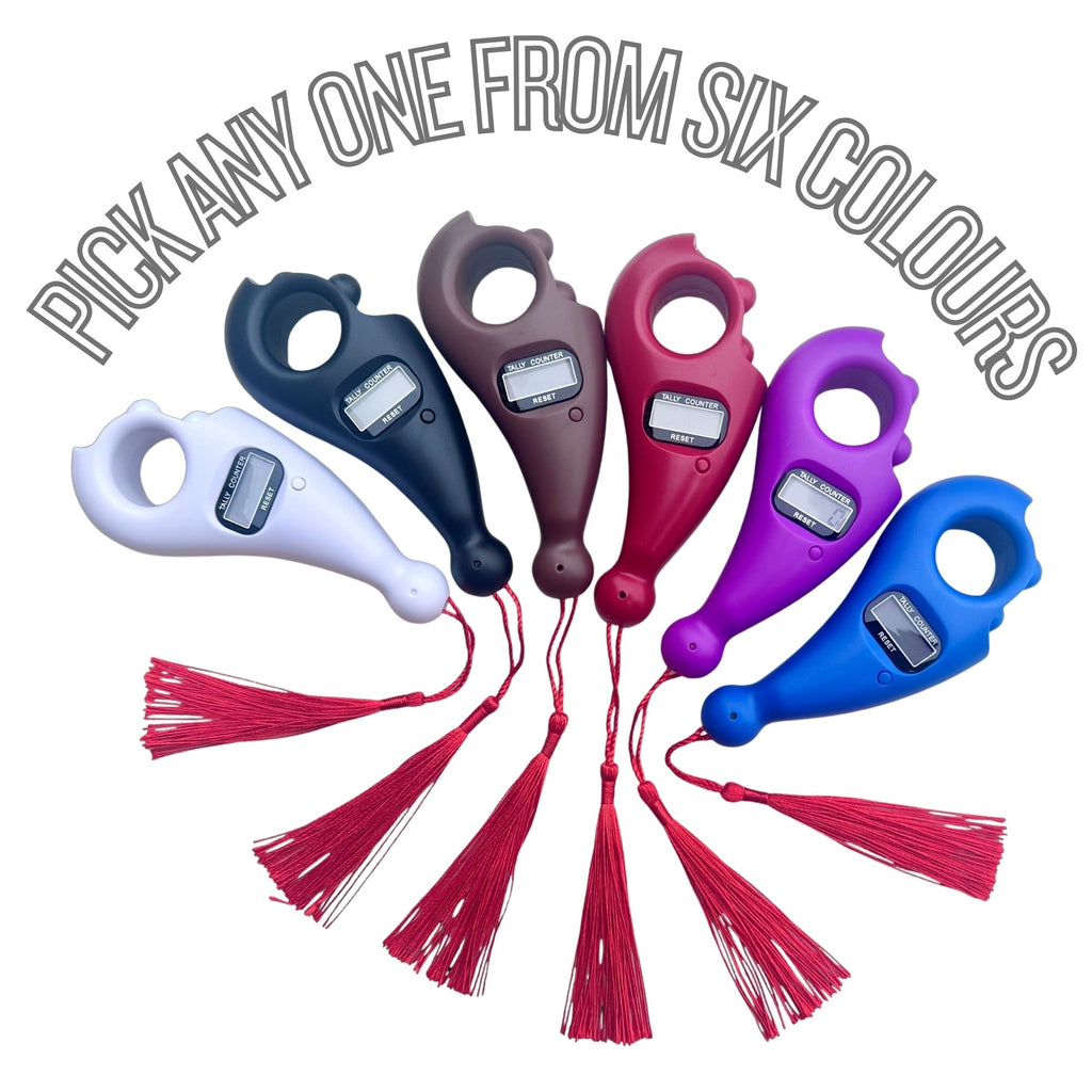 Set of six colourful Digital Tally Counter with red tassels on a white background.