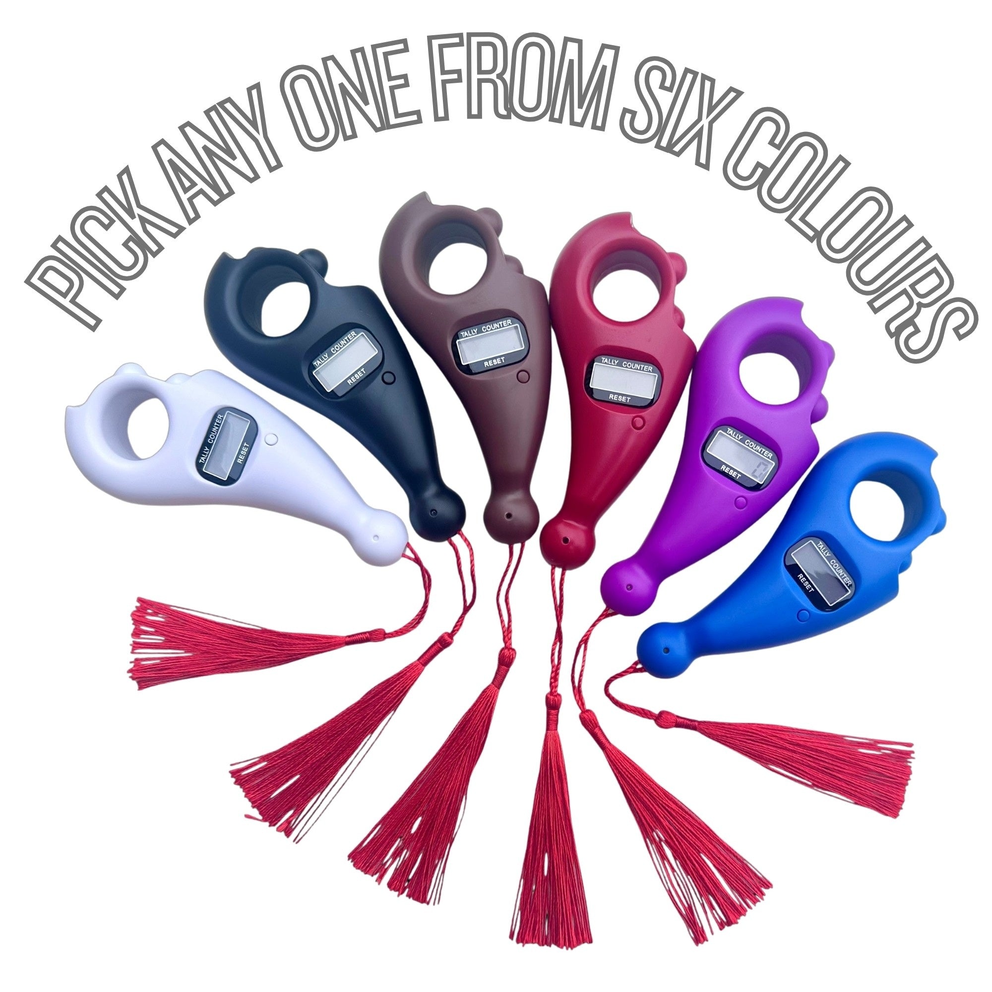 Set of six colourful Digital Tally Counter with red tassels on a white background.